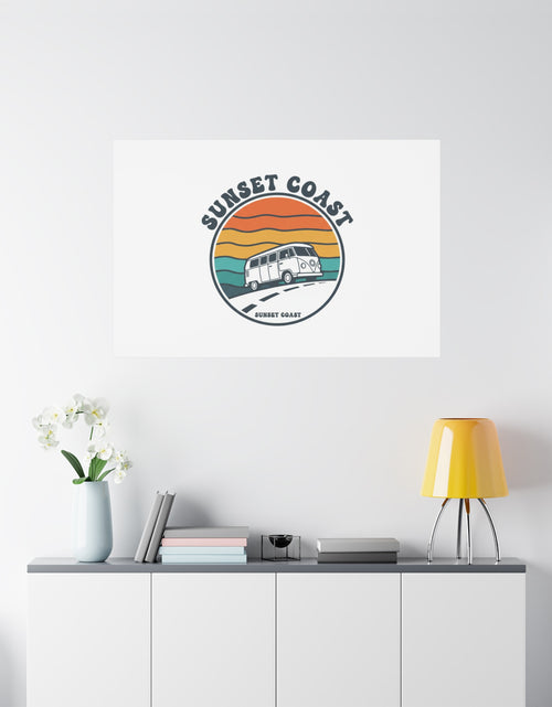Load image into Gallery viewer, Sunset Coast Retro VW Bus Matte Canvas, 1970s Sunset Palm Poster | Vintage Surf Roadtrip
