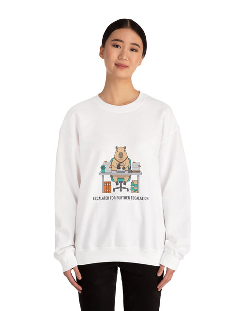 Load image into Gallery viewer, Escalated for Further Escalation Sweatshirt | office raccoon, animal HR meme
