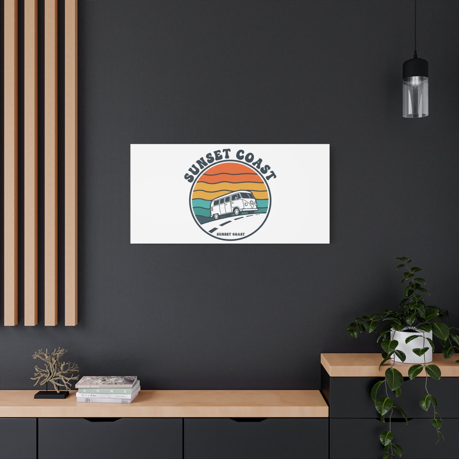 Sunset Coast Retro VW Bus Matte Canvas, 1970s Sunset Palm Poster | Vintage Surf Roadtrip