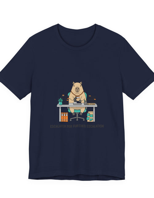 Load image into Gallery viewer, Escalated for Further Escalation Bear Desk Tee | Unhinged Animal Bureaucracy, office bear illustration
