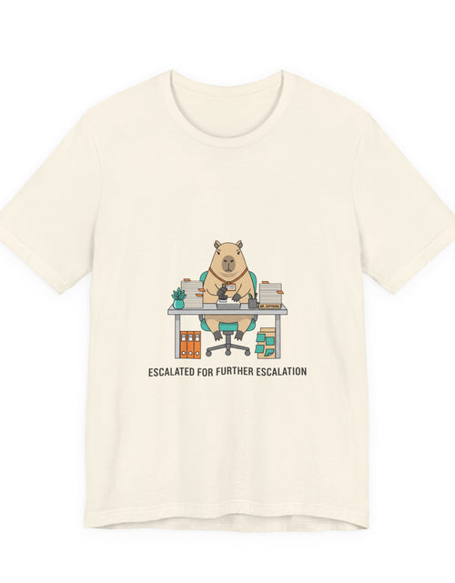 Load image into Gallery viewer, Escalated for Further Escalation Bear Desk Tee | Unhinged Animal Bureaucracy, office bear illustration
