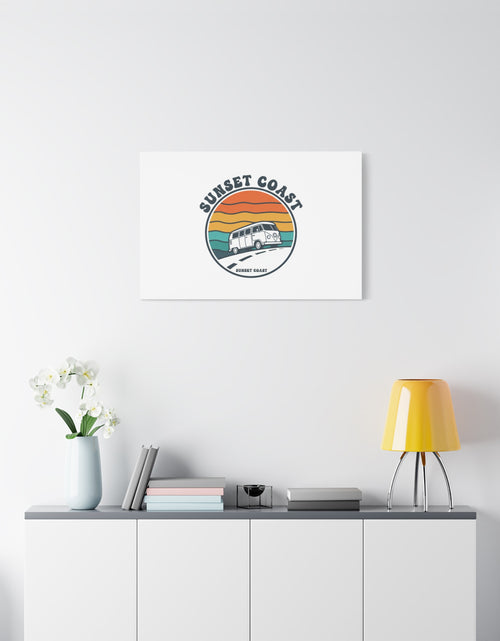 Load image into Gallery viewer, Sunset Coast Retro VW Bus Matte Canvas, 1970s Sunset Palm Poster | Vintage Surf Roadtrip
