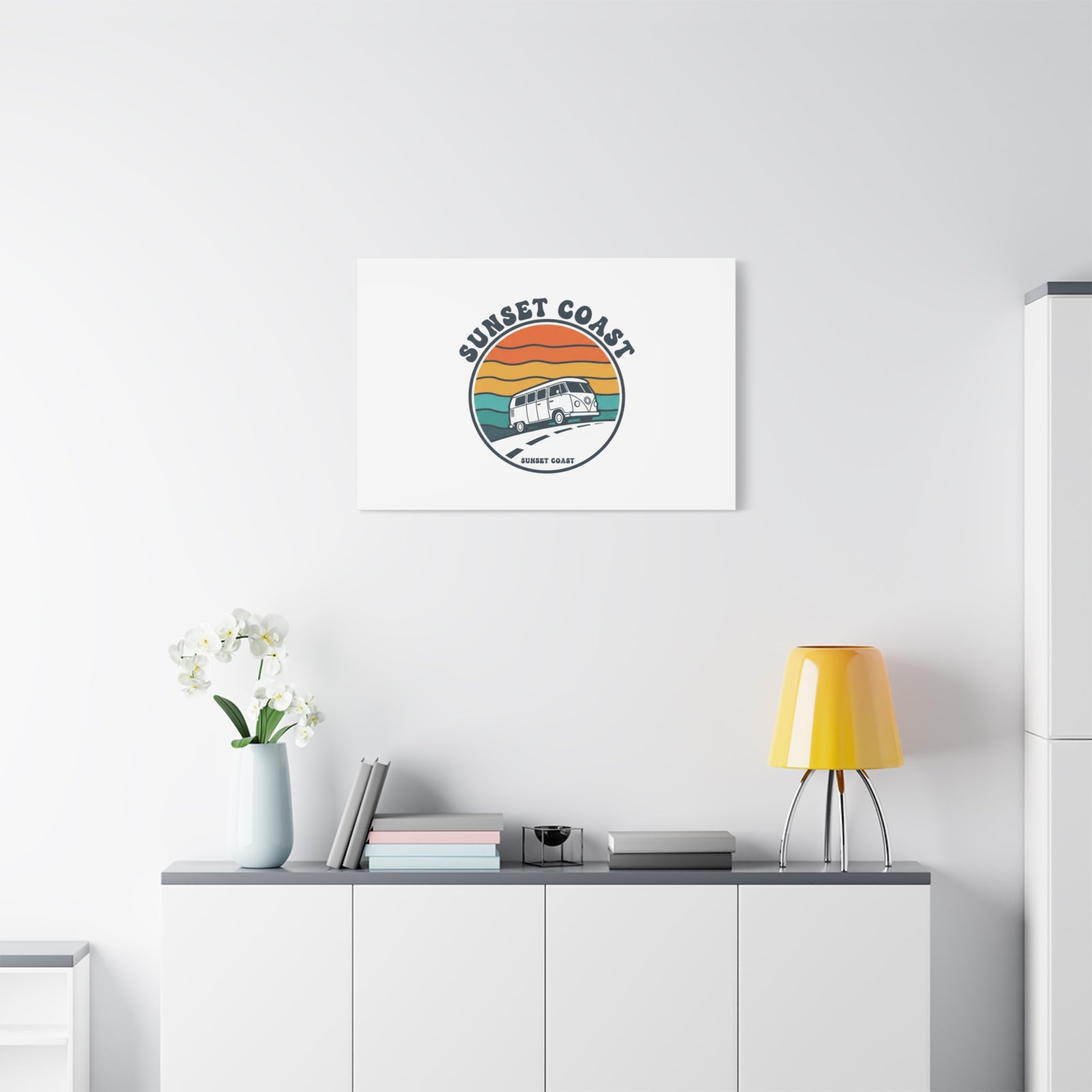 Sunset Coast Retro VW Bus Matte Canvas, 1970s Sunset Palm Poster | Vintage Surf Roadtrip