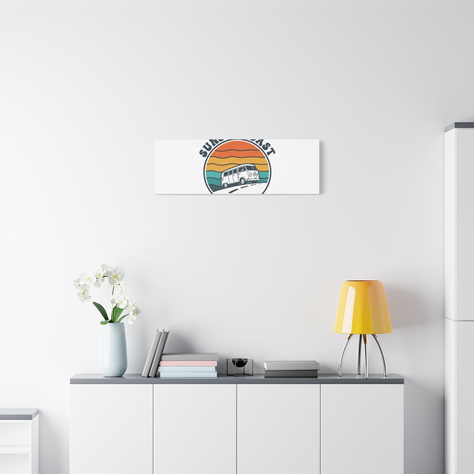 Sunset Coast Retro VW Bus Matte Canvas, 1970s Sunset Palm Poster | Vintage Surf Roadtrip