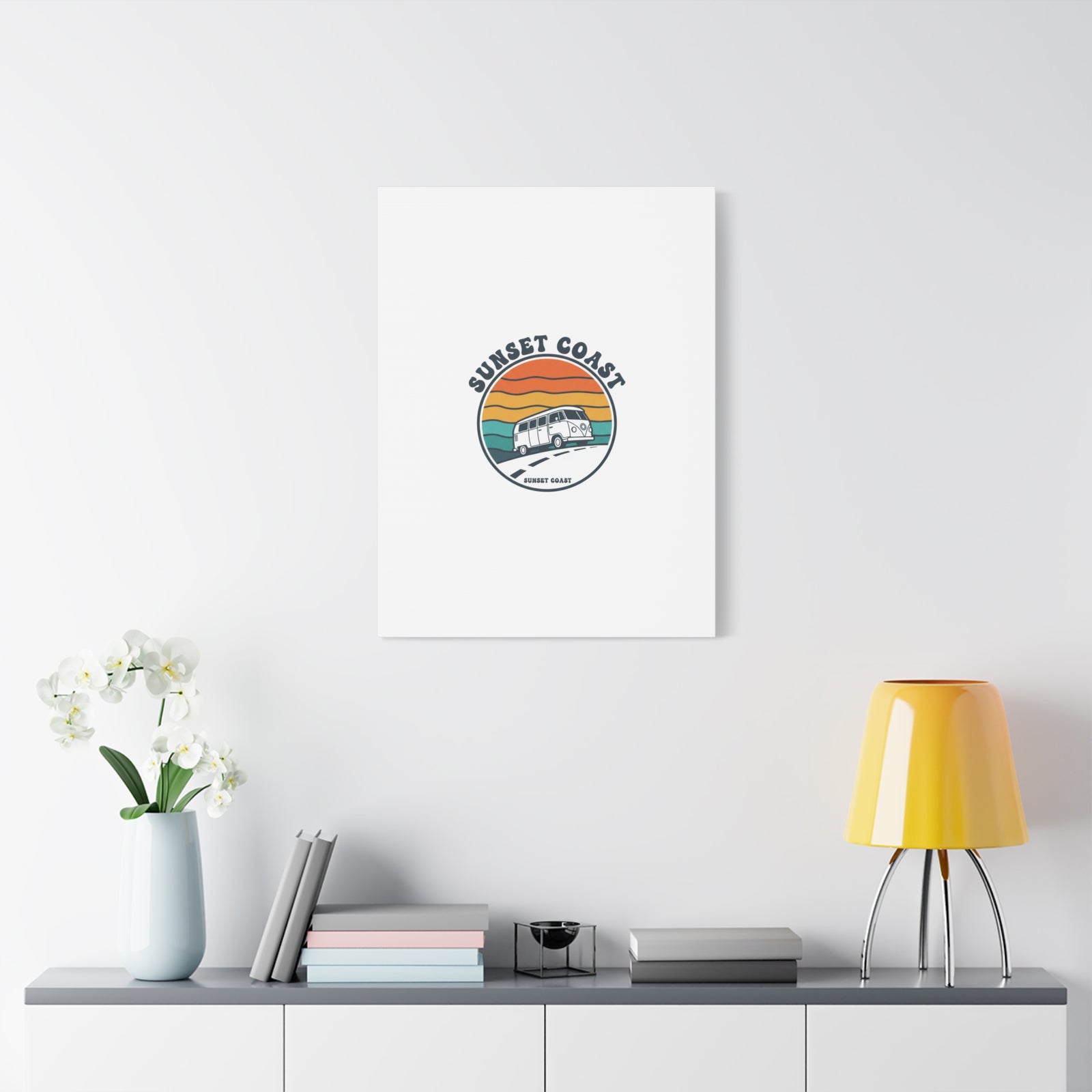 Sunset Coast Retro VW Bus Matte Canvas, 1970s Sunset Palm Poster | Vintage Surf Roadtrip