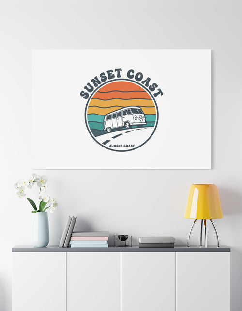 Load image into Gallery viewer, Sunset Coast Retro VW Bus Matte Canvas, 1970s Sunset Palm Poster | Vintage Surf Roadtrip
