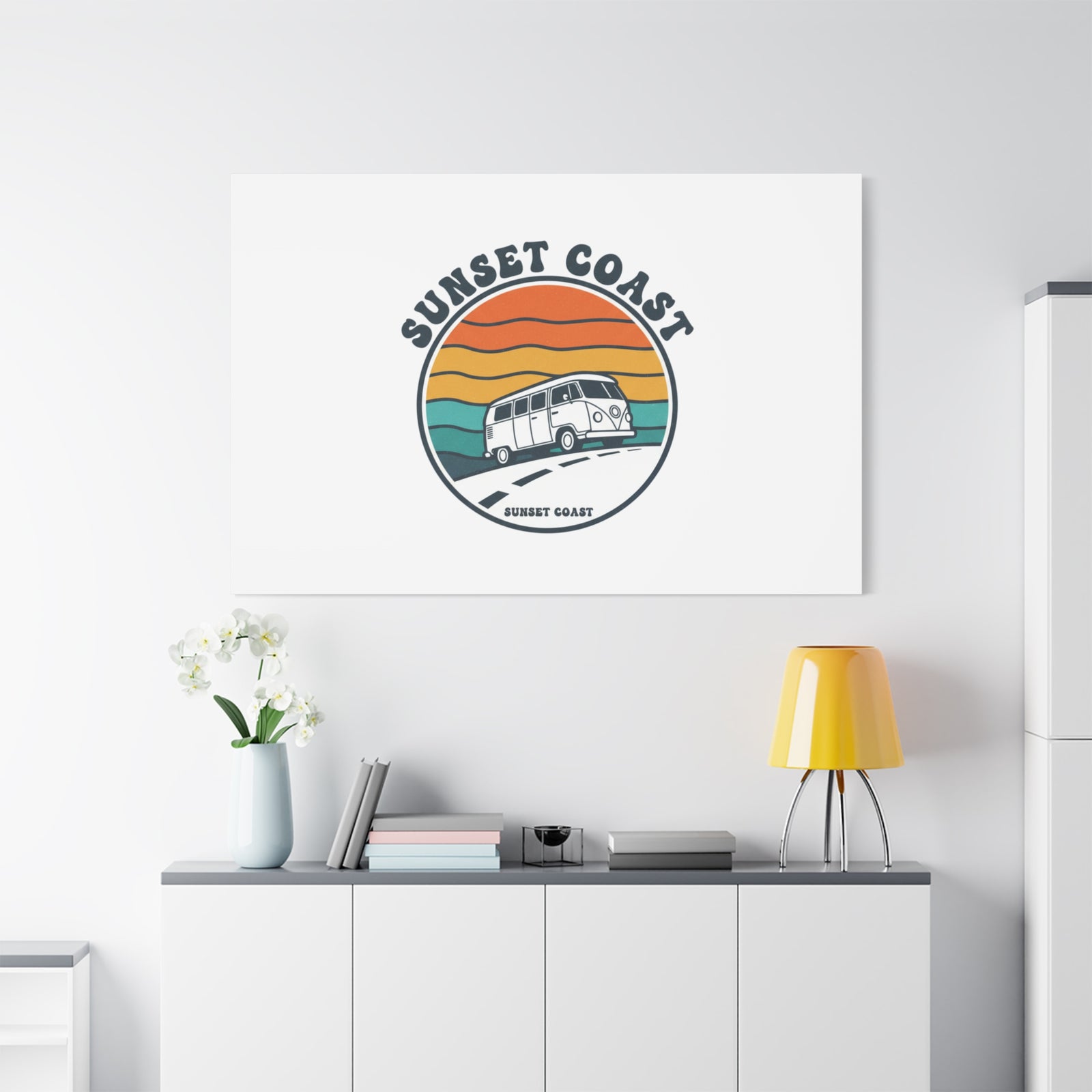 Sunset Coast Retro VW Bus Matte Canvas, 1970s Sunset Palm Poster | Vintage Surf Roadtrip