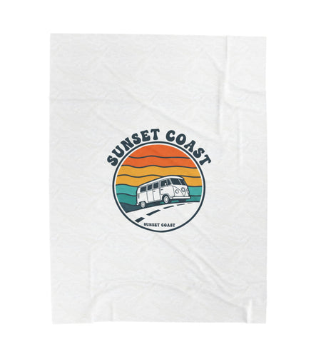 Sunset Coast VW Camper Blanket | 70s Sunset Retro Palm, Golden Hour Postcard
