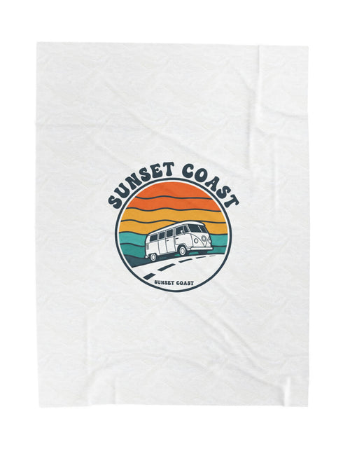 Load image into Gallery viewer, Sunset Coast VW Camper Blanket | 70s Sunset Retro Palm, Golden Hour Postcard

