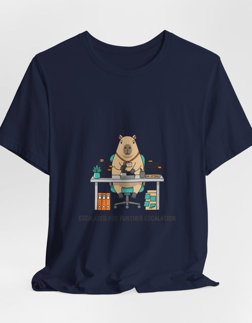 Load image into Gallery viewer, Escalated for Further Escalation Bear Desk Tee | Unhinged Animal Bureaucracy, office bear illustration
