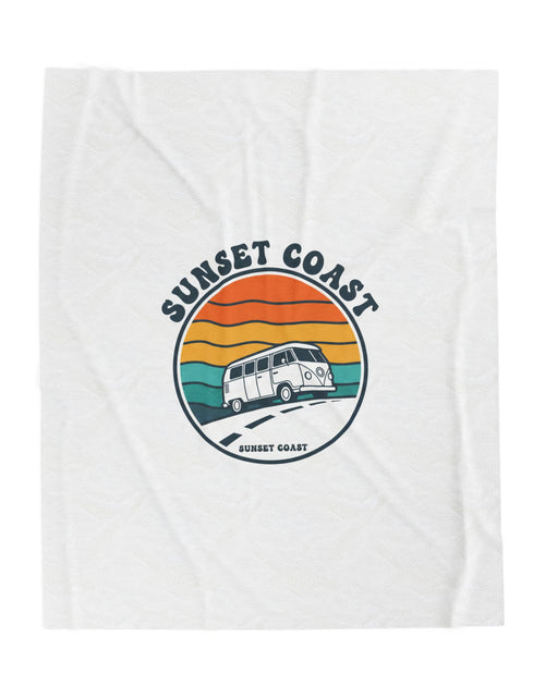 Load image into Gallery viewer, Sunset Coast VW Camper Blanket | 70s Sunset Retro Palm, Golden Hour Postcard
