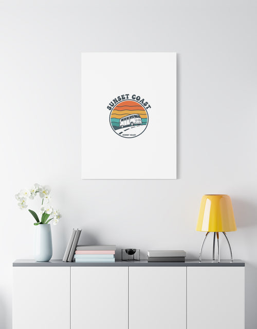Load image into Gallery viewer, Sunset Coast Retro VW Bus Matte Canvas, 1970s Sunset Palm Poster | Vintage Surf Roadtrip
