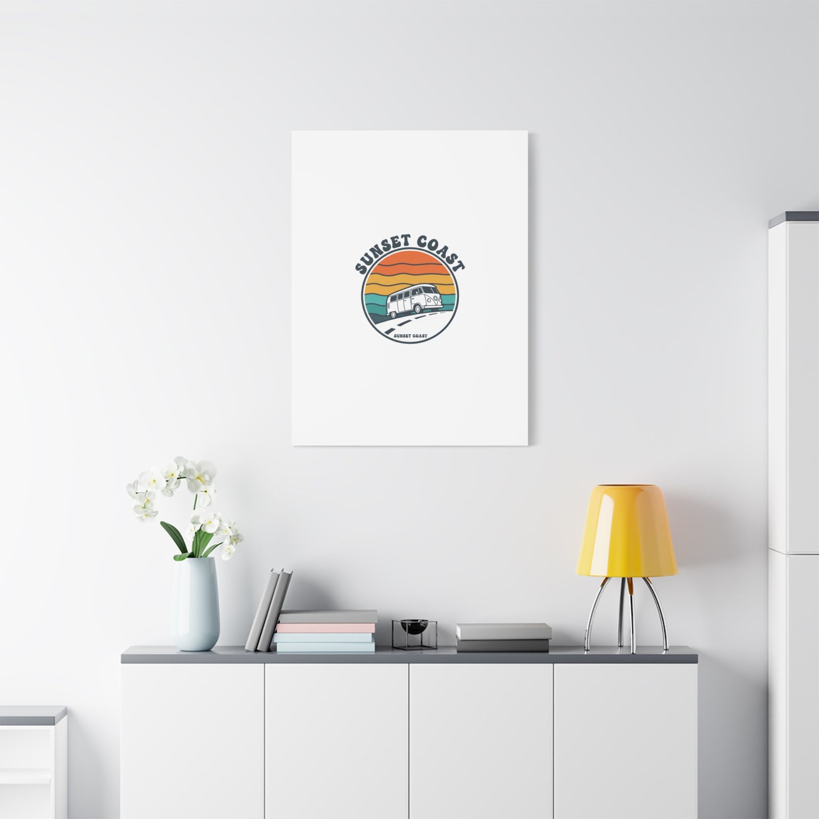 Sunset Coast Retro VW Bus Matte Canvas, 1970s Sunset Palm Poster | Vintage Surf Roadtrip