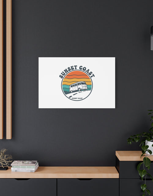 Load image into Gallery viewer, Sunset Coast Retro VW Bus Matte Canvas, 1970s Sunset Palm Poster | Vintage Surf Roadtrip
