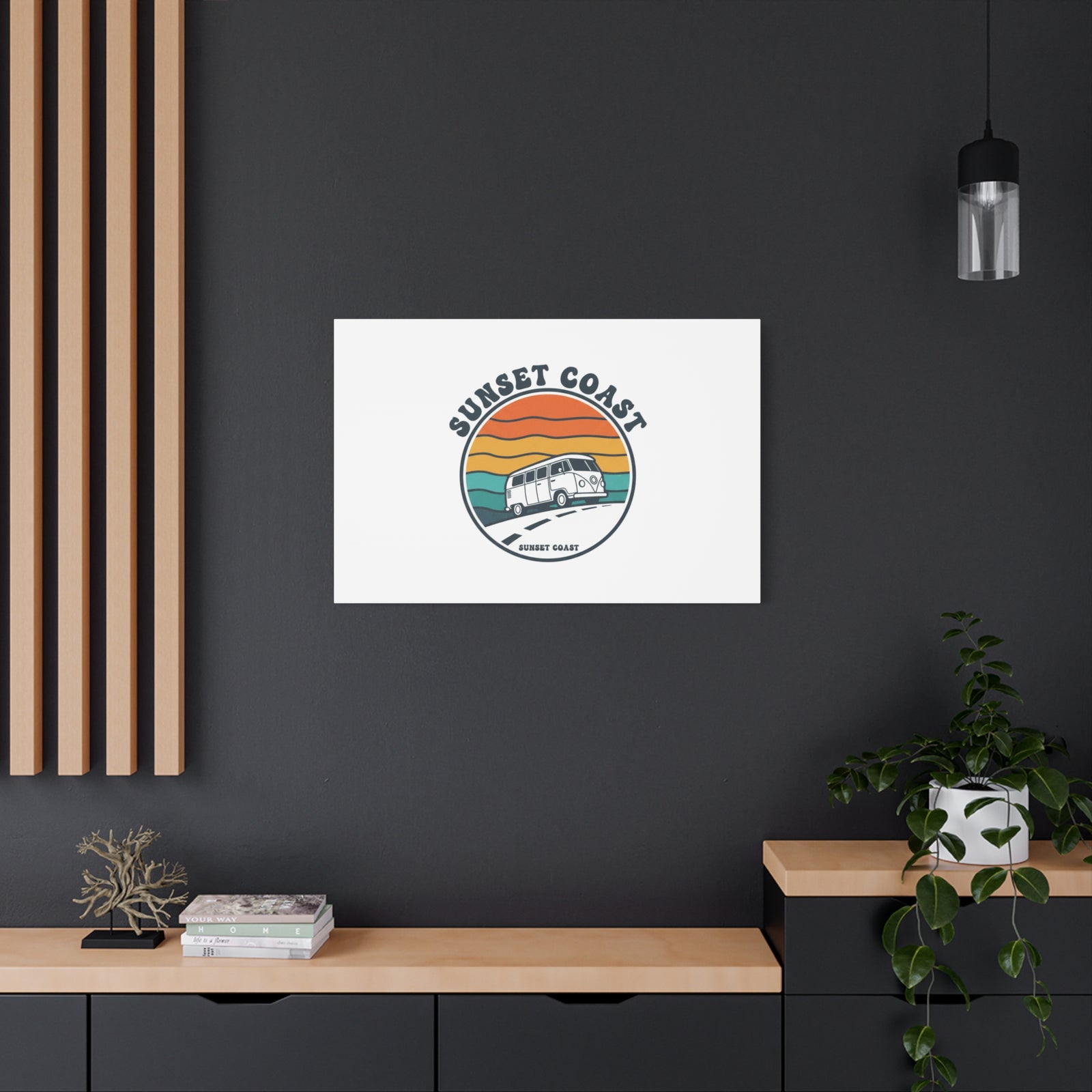 Sunset Coast Retro VW Bus Matte Canvas, 1970s Sunset Palm Poster | Vintage Surf Roadtrip