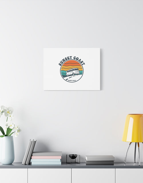 Load image into Gallery viewer, Sunset Coast Retro VW Bus Matte Canvas, 1970s Sunset Palm Poster | Vintage Surf Roadtrip
