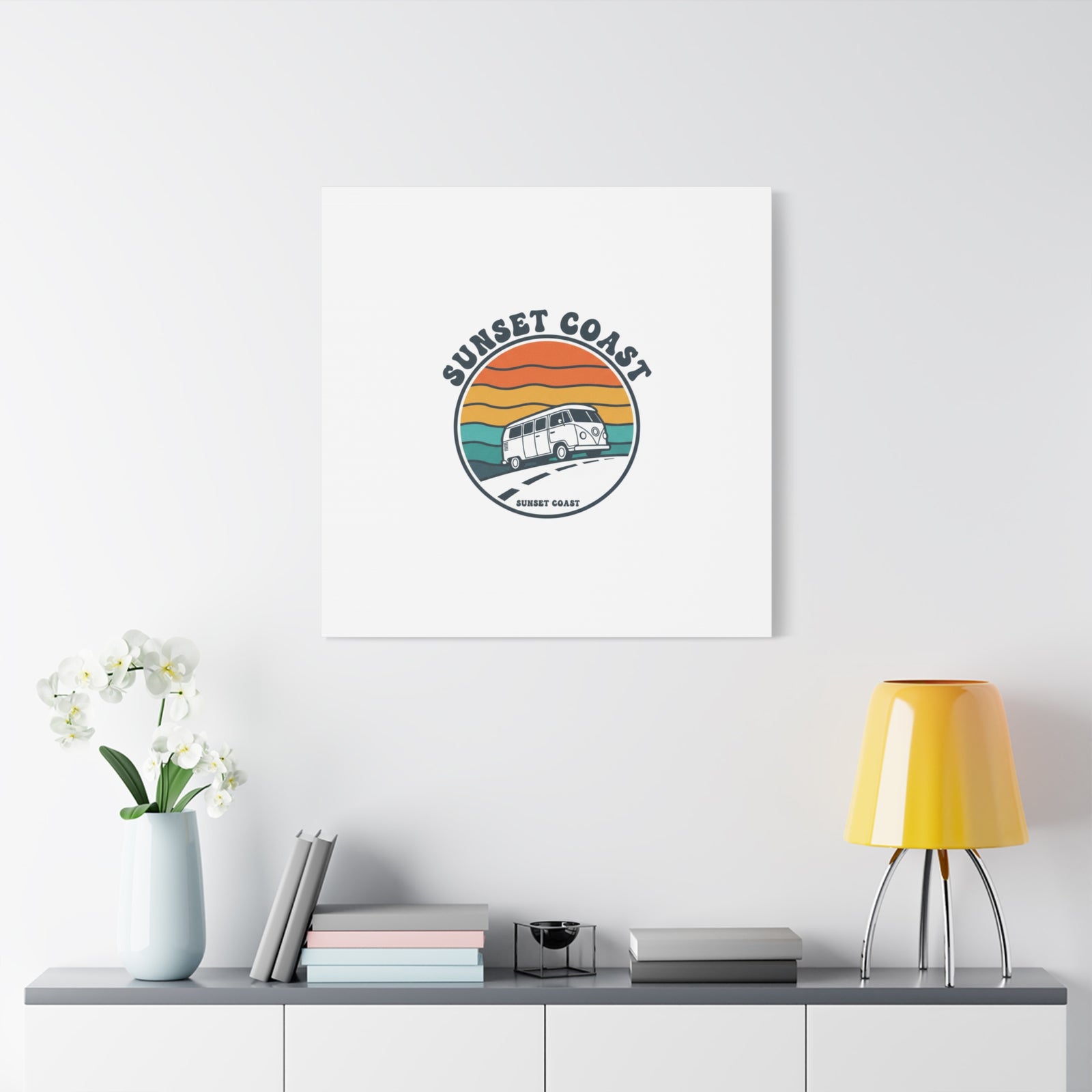Sunset Coast Retro VW Bus Matte Canvas, 1970s Sunset Palm Poster | Vintage Surf Roadtrip