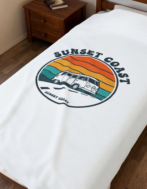 Load image into Gallery viewer, Sunset Coast VW Camper Blanket | 70s Sunset Retro Palm, Golden Hour Postcard

