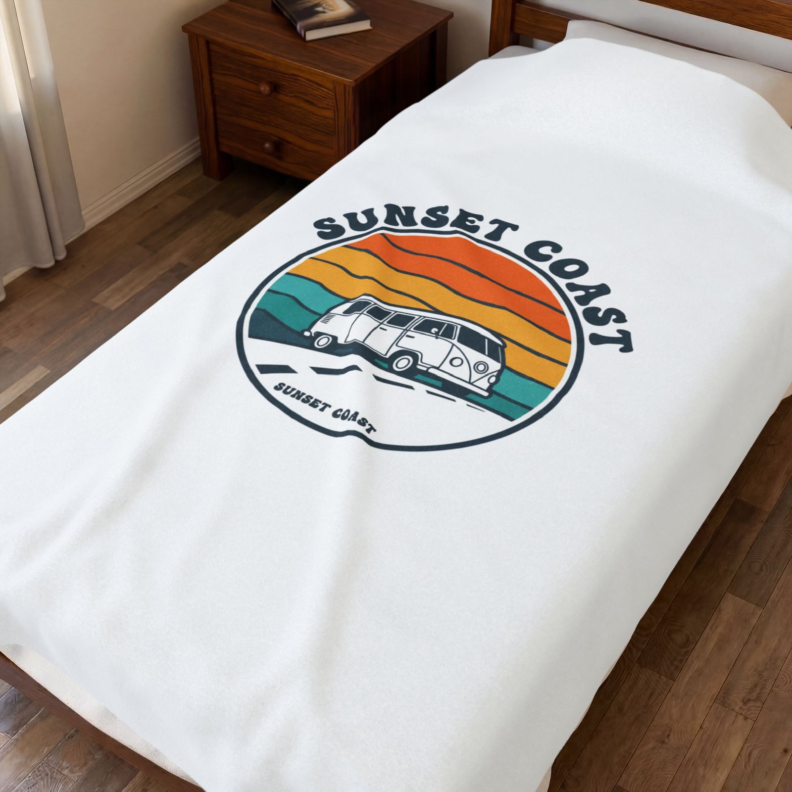 Sunset Coast VW Camper Blanket | 70s Sunset Retro Palm, Golden Hour Postcard