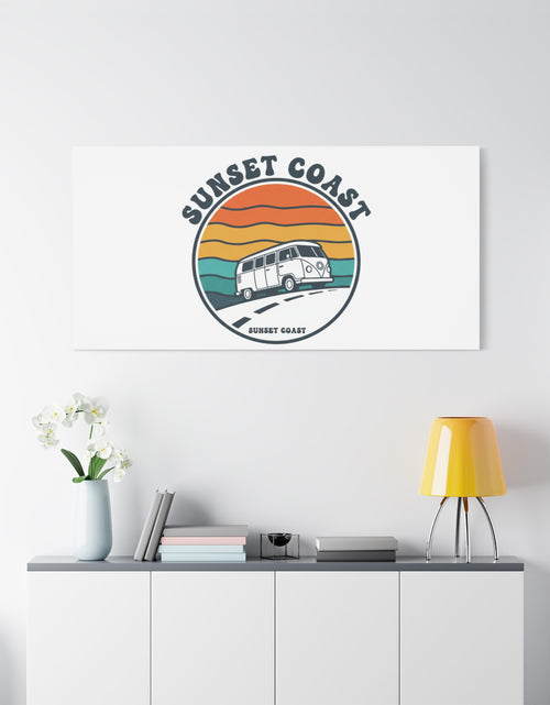 Load image into Gallery viewer, Sunset Coast Retro VW Bus Matte Canvas, 1970s Sunset Palm Poster | Vintage Surf Roadtrip
