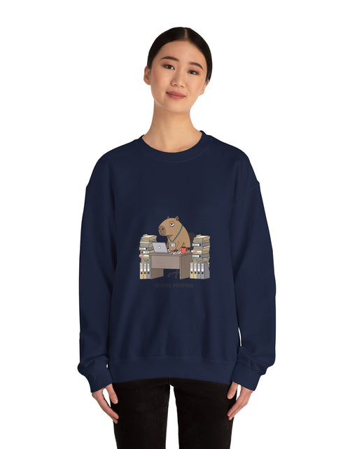 Load image into Gallery viewer, Status Pending Raccoon Desk Illustration Sweatshirt | Unhinged Animal Bureaucracy, office raccoon
