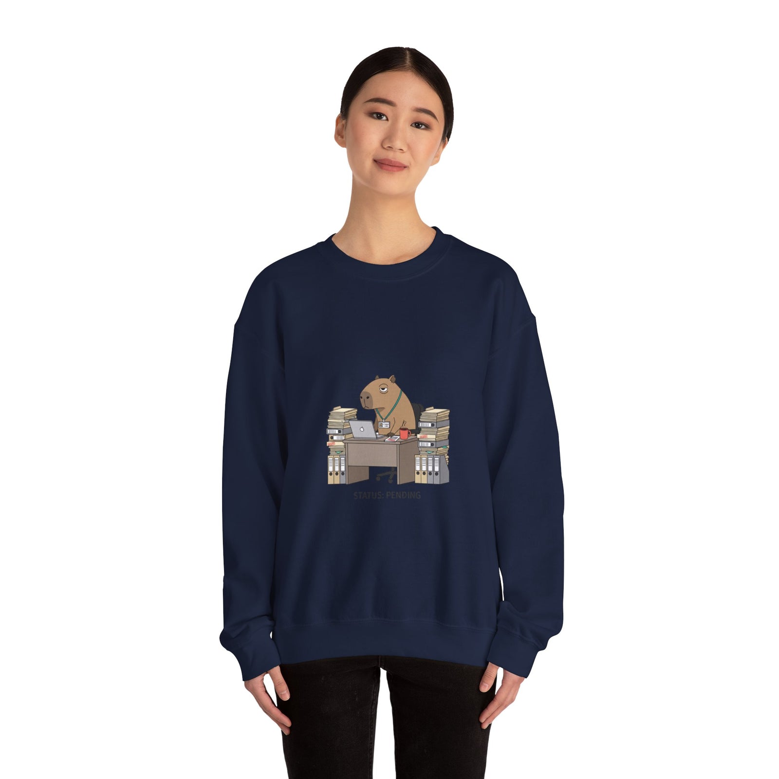 Status Pending Raccoon Desk Illustration Sweatshirt | Unhinged Animal Bureaucracy, office raccoon