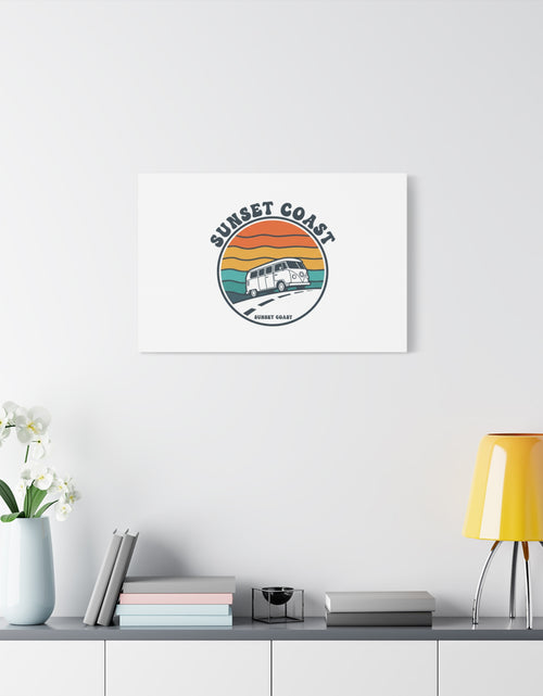 Load image into Gallery viewer, Sunset Coast Retro VW Bus Matte Canvas, 1970s Sunset Palm Poster | Vintage Surf Roadtrip
