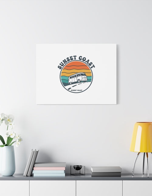 Load image into Gallery viewer, Sunset Coast Retro VW Bus Matte Canvas, 1970s Sunset Palm Poster | Vintage Surf Roadtrip
