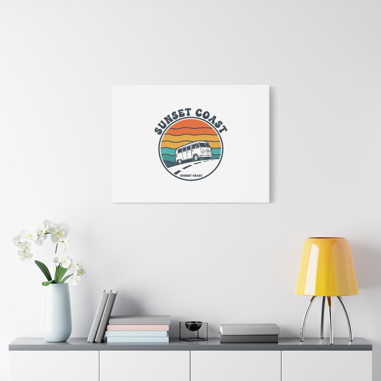 Sunset Coast Retro VW Bus Matte Canvas, 1970s Sunset Palm Poster | Vintage Surf Roadtrip
