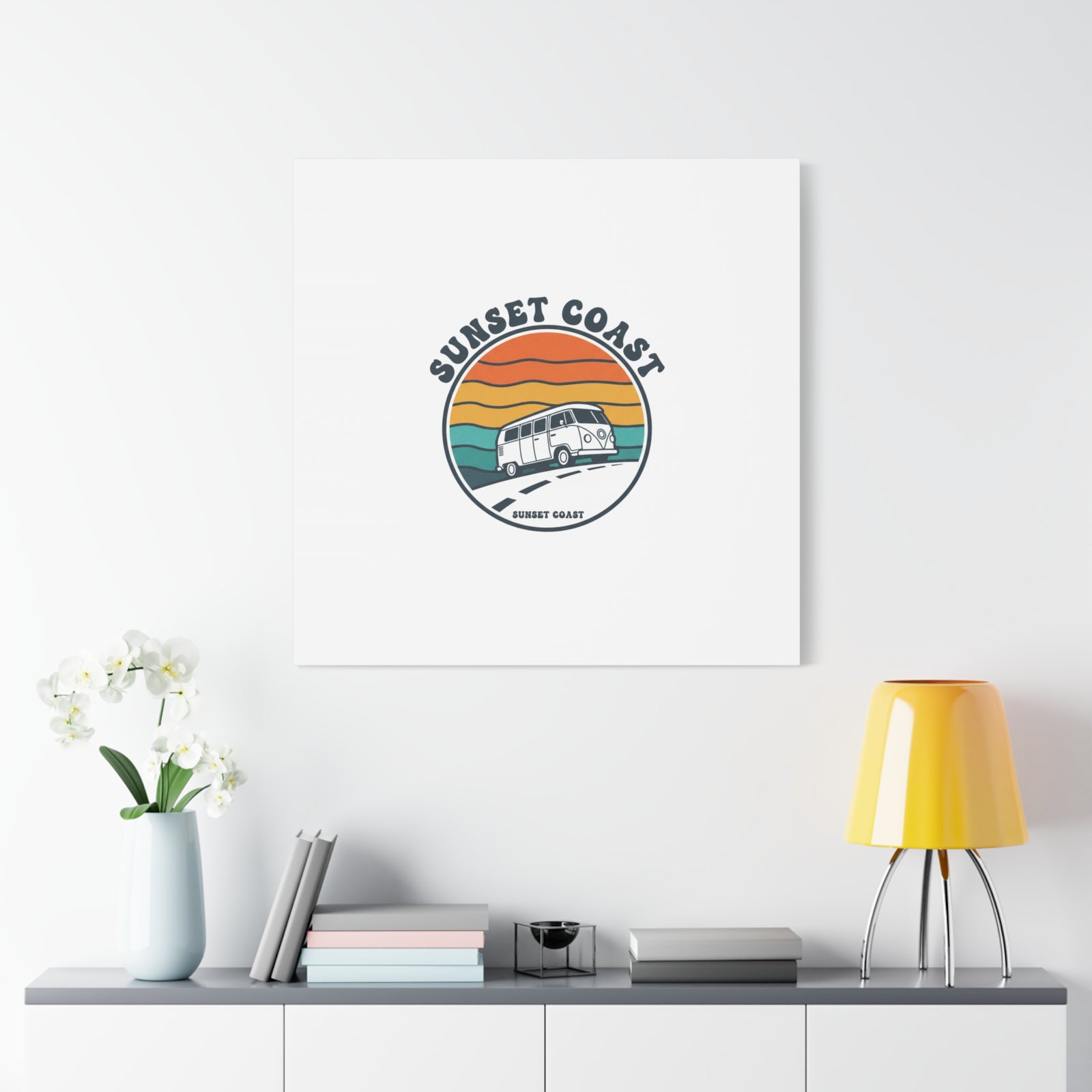 Sunset Coast Retro VW Bus Matte Canvas, 1970s Sunset Palm Poster | Vintage Surf Roadtrip