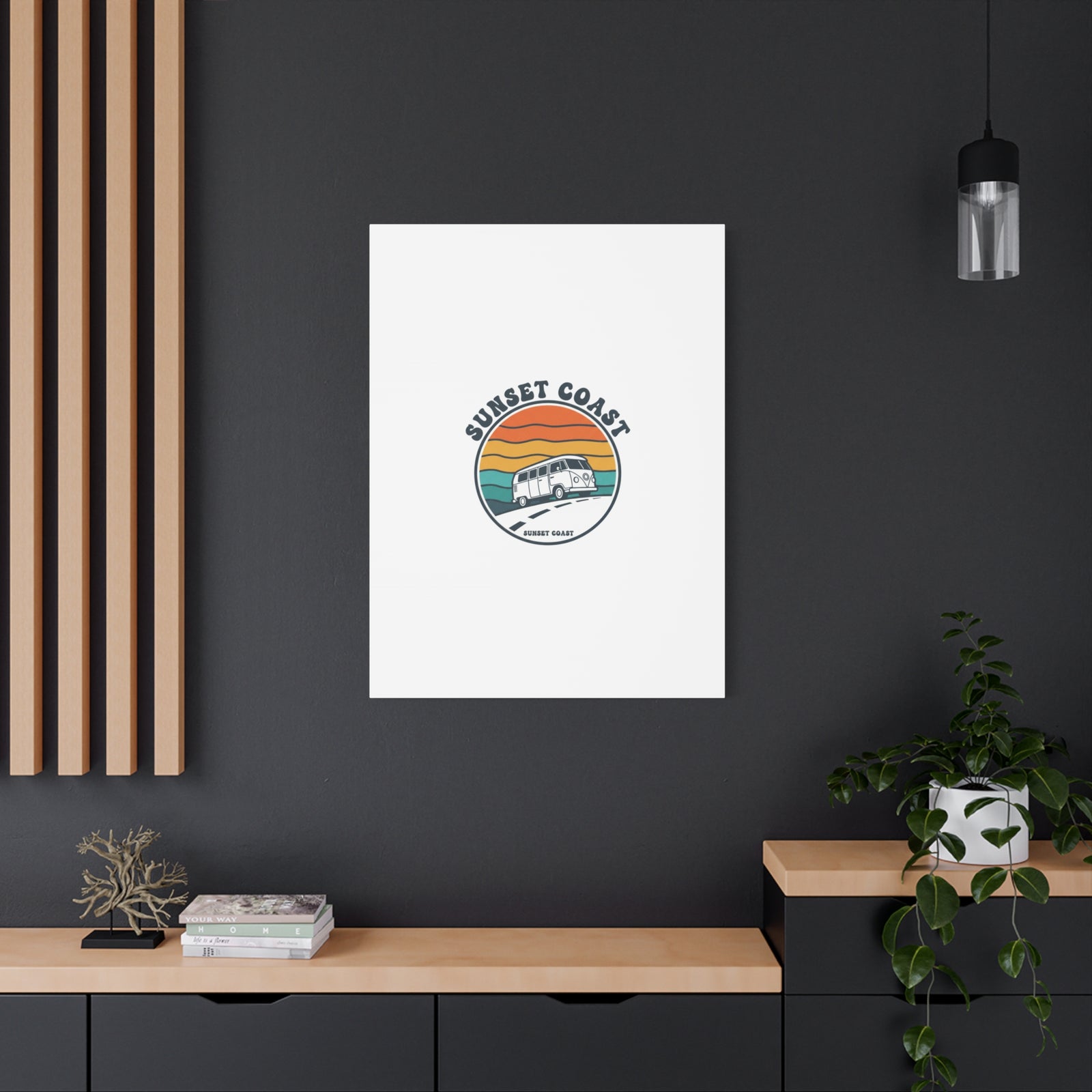 Sunset Coast Retro VW Bus Matte Canvas, 1970s Sunset Palm Poster | Vintage Surf Roadtrip