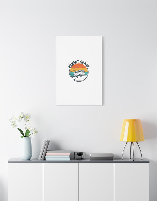 Load image into Gallery viewer, Sunset Coast Retro VW Bus Matte Canvas, 1970s Sunset Palm Poster | Vintage Surf Roadtrip
