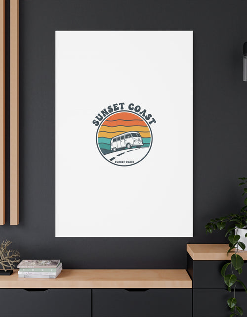Load image into Gallery viewer, Sunset Coast Retro VW Bus Matte Canvas, 1970s Sunset Palm Poster | Vintage Surf Roadtrip
