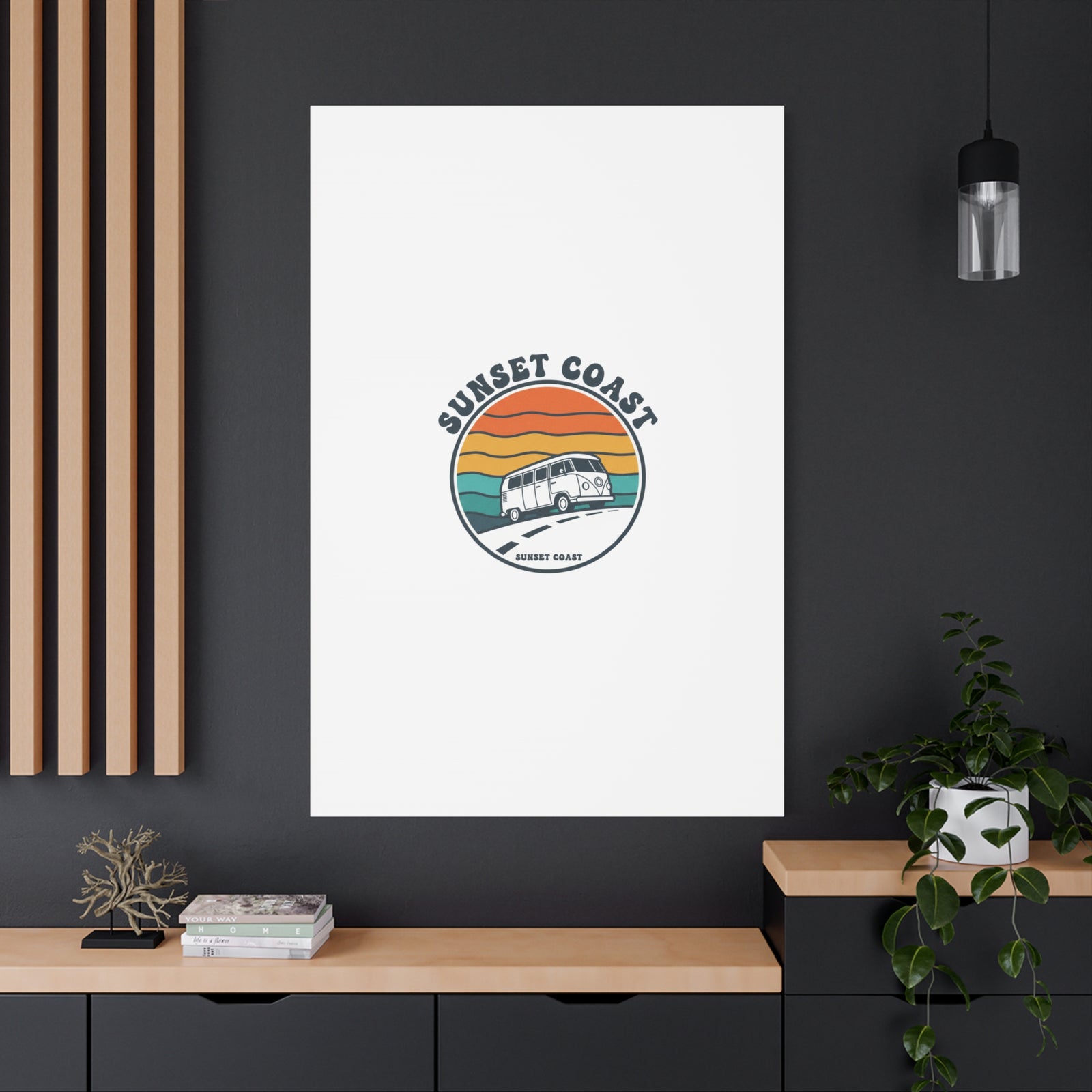 Sunset Coast Retro VW Bus Matte Canvas, 1970s Sunset Palm Poster | Vintage Surf Roadtrip