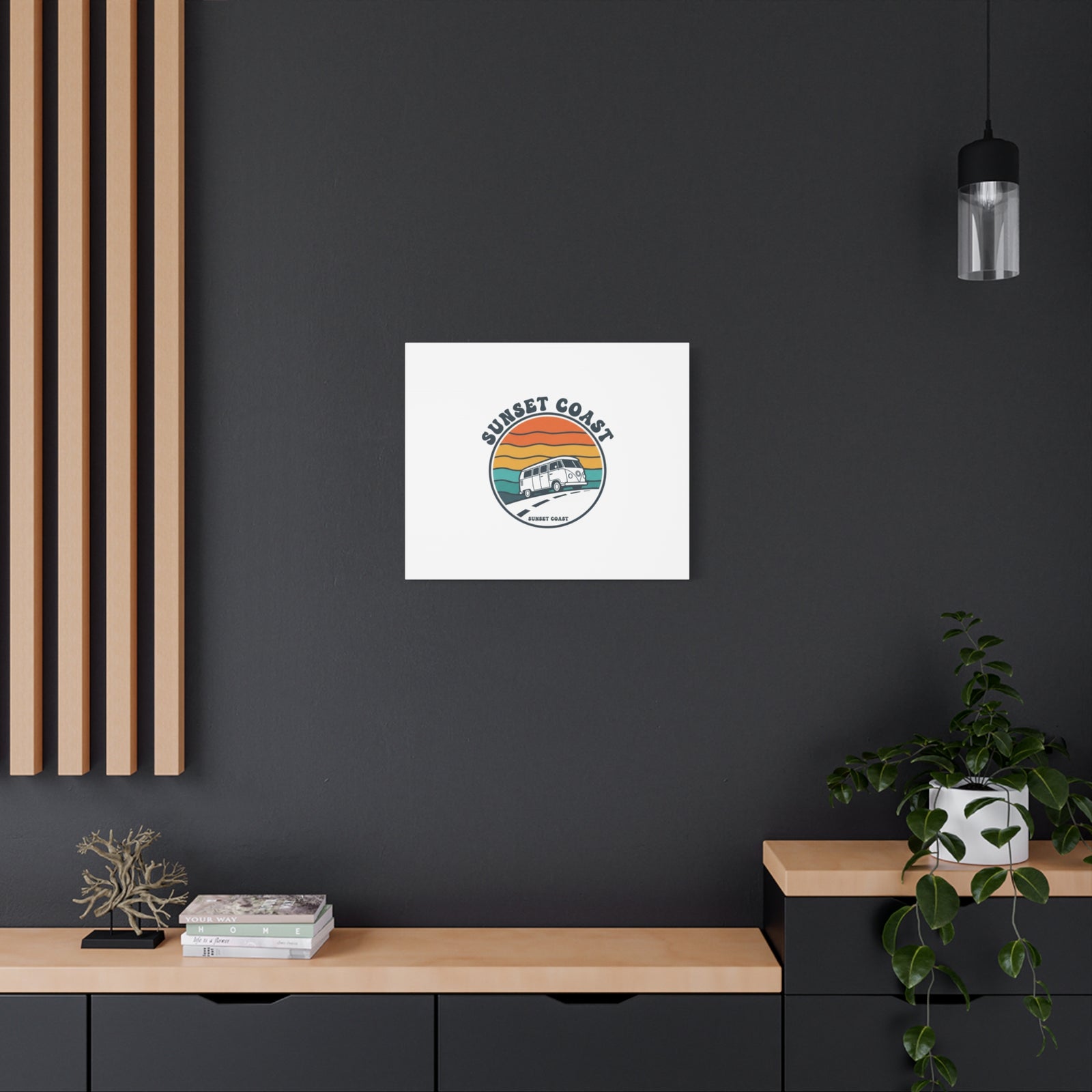 Sunset Coast Retro VW Bus Matte Canvas, 1970s Sunset Palm Poster | Vintage Surf Roadtrip