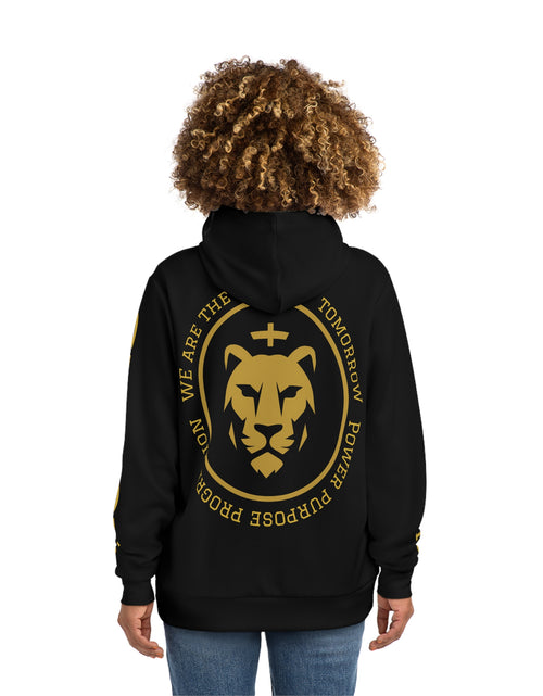 Load image into Gallery viewer, Ancient Future Energy Hoodie — Gold Lion Crest &amp; "We Are The Roots of Tomorrow"
