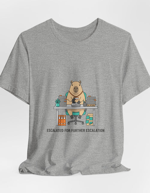 Load image into Gallery viewer, Escalated for Further Escalation Bear Desk Tee | Unhinged Animal Bureaucracy, office bear illustration
