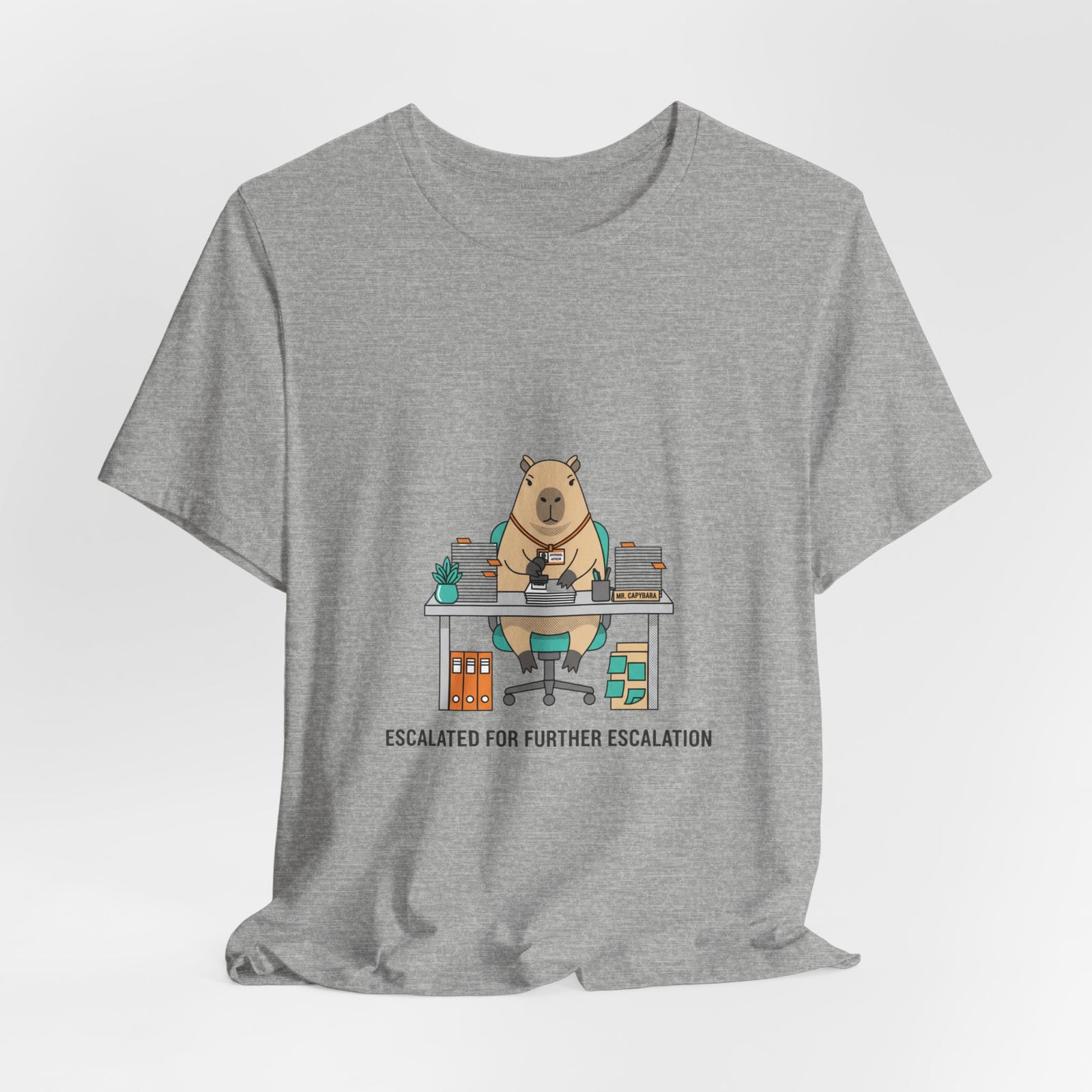 Escalated for Further Escalation Bear Desk Tee | Unhinged Animal Bureaucracy, office bear illustration