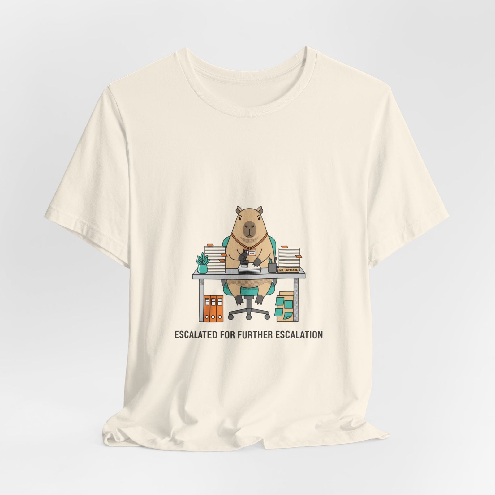 Escalated for Further Escalation Bear Desk Tee | Unhinged Animal Bureaucracy, office bear illustration
