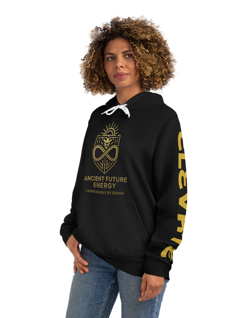 Load image into Gallery viewer, Ancient Future Energy Hoodie — Gold Lion Crest &amp; "We Are The Roots of Tomorrow"
