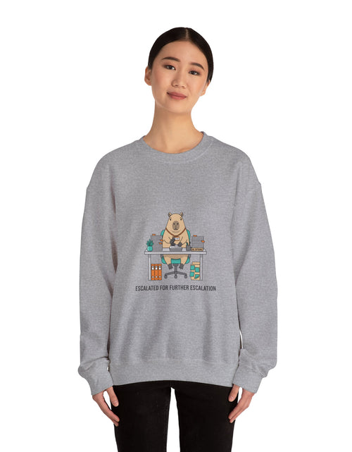 Load image into Gallery viewer, Escalated for Further Escalation Sweatshirt | office raccoon, animal HR meme
