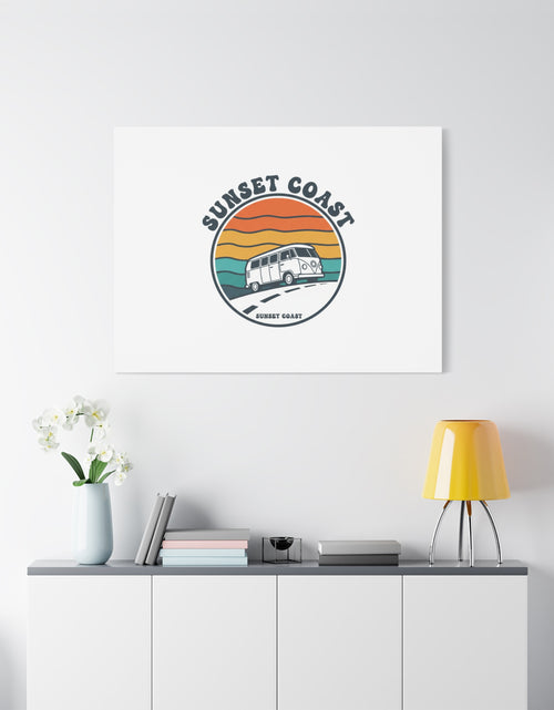 Load image into Gallery viewer, Sunset Coast Retro VW Bus Matte Canvas, 1970s Sunset Palm Poster | Vintage Surf Roadtrip
