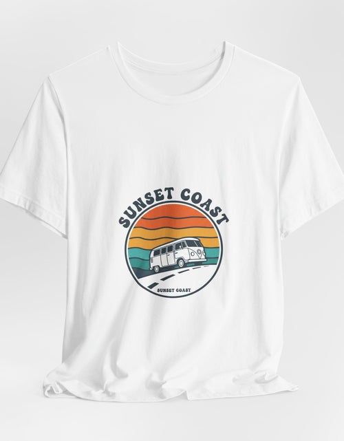Load image into Gallery viewer, Sunset Coast Retro Surf Graphic Tee | 70s Sunset Shirt, Vintage Palm Postcard
