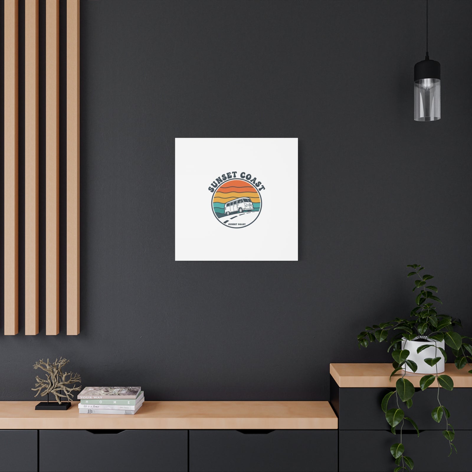 Sunset Coast Retro VW Bus Matte Canvas, 1970s Sunset Palm Poster | Vintage Surf Roadtrip