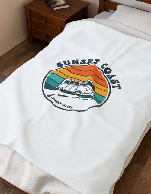 Load image into Gallery viewer, Sunset Coast VW Camper Blanket | 70s Sunset Retro Palm, Golden Hour Postcard
