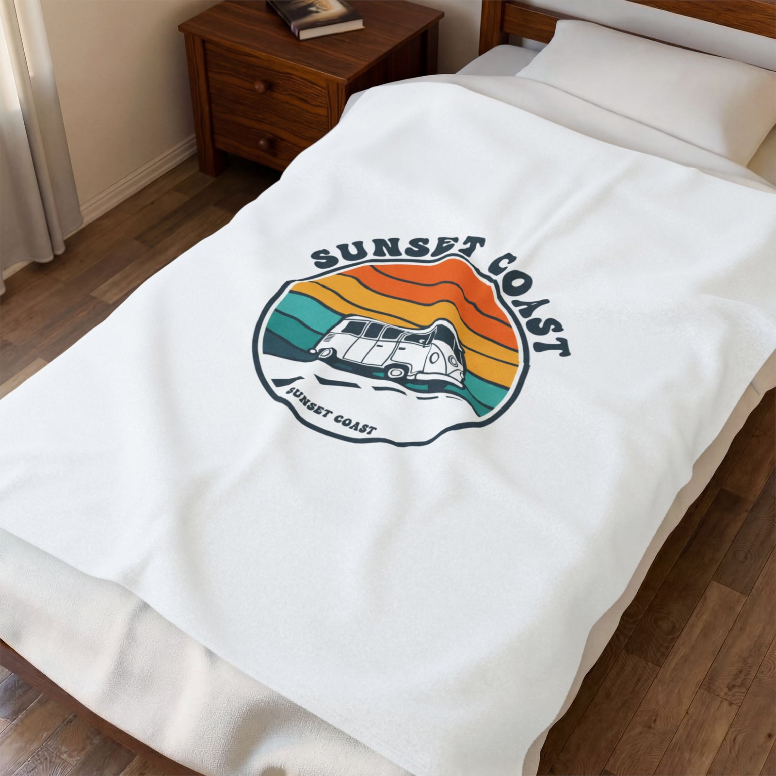 Sunset Coast VW Camper Blanket | 70s Sunset Retro Palm, Golden Hour Postcard