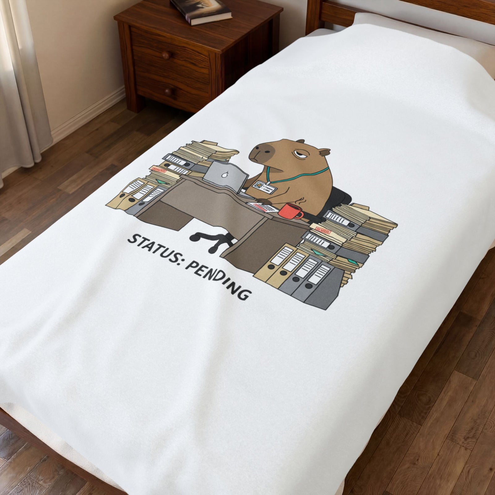 Status: Pending office capybara illustration Velveteen Plush Blanket | Unhinged Animal Bureaucracy, deadpan HR meme