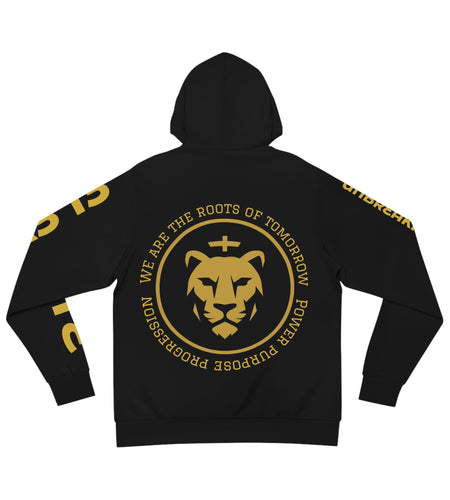 Ancient Future Energy Hoodie — Gold Lion Crest & "We Are The Roots of Tomorrow"