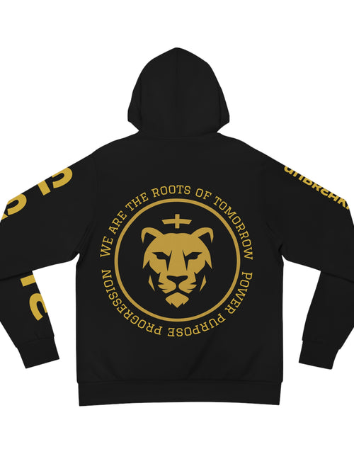 Load image into Gallery viewer, Ancient Future Energy Hoodie — Gold Lion Crest &amp; "We Are The Roots of Tomorrow"

