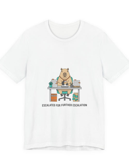 Load image into Gallery viewer, Escalated for Further Escalation Bear Desk Tee | Unhinged Animal Bureaucracy, office bear illustration
